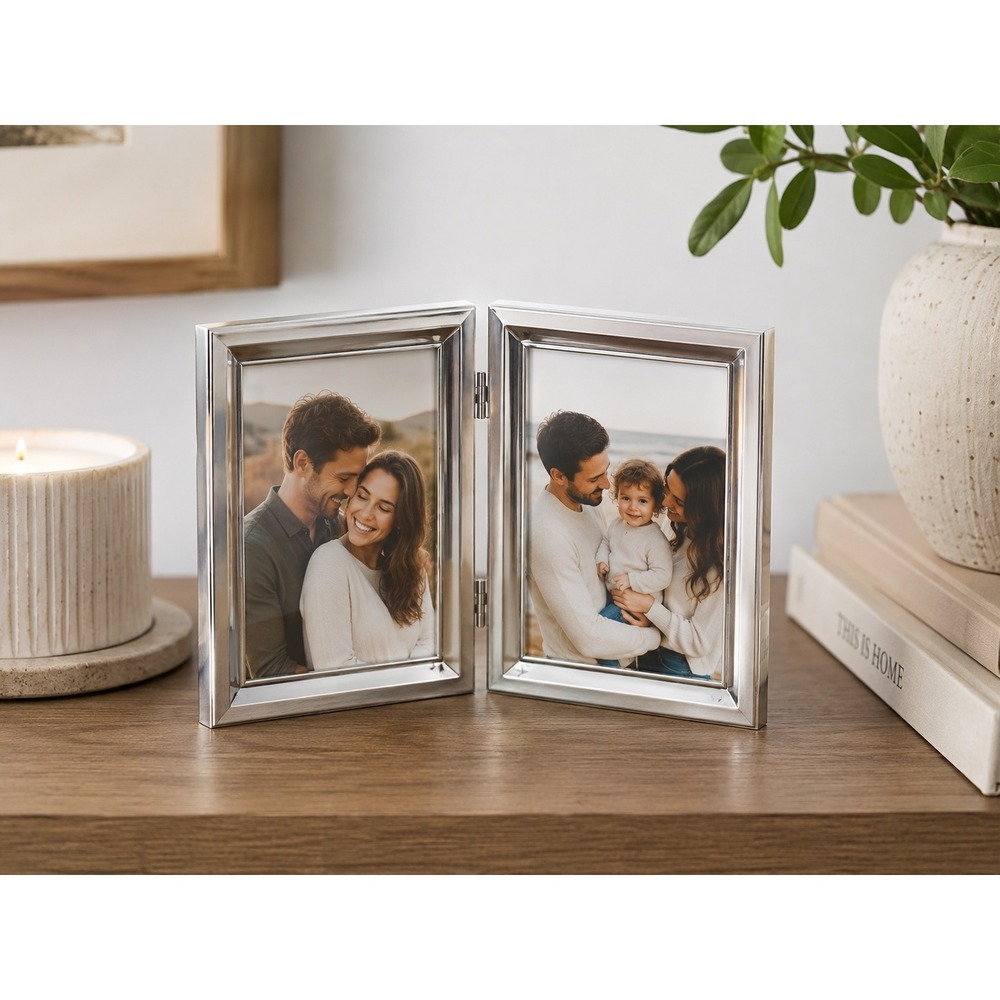 HB Group Double Picture Frame Silver Excellent Vintage 1997 Folding Beveled Edge